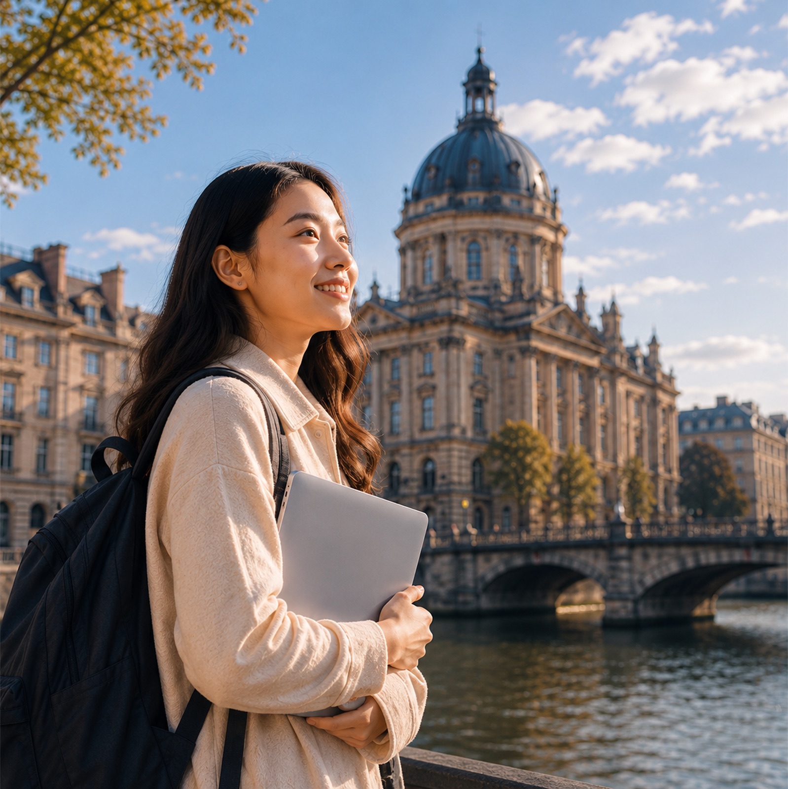 Student with laptop by the Seine in Paris
