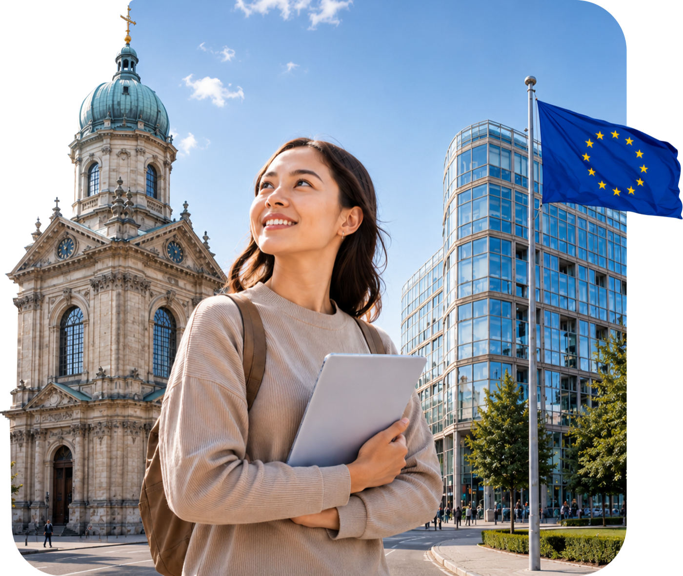 Student in Europe with EU flag