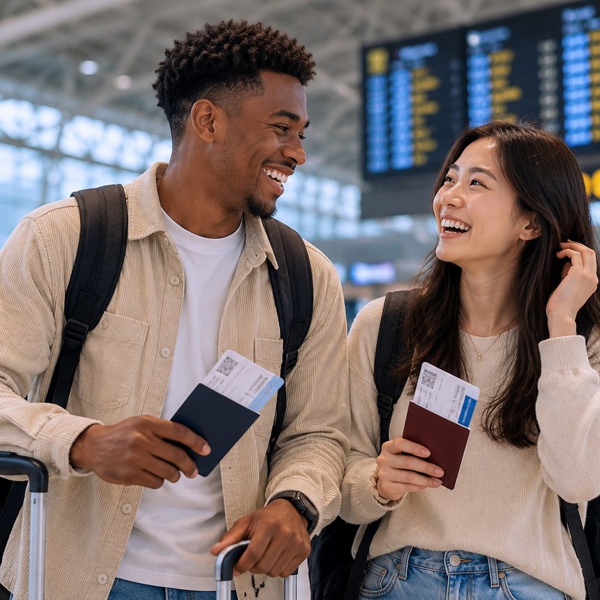 Two international students at the airport