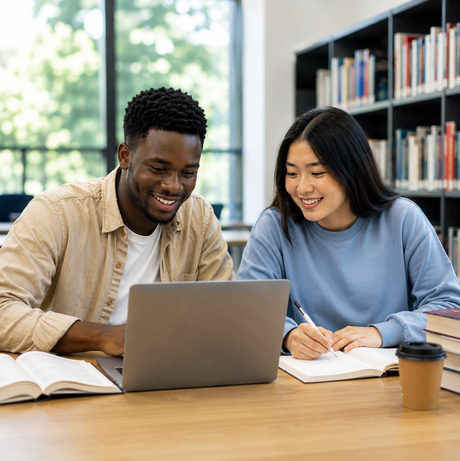 International students studying together in a library